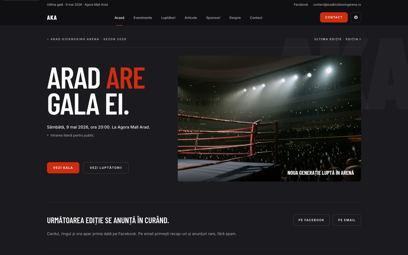 AKA Arad Kickboxing Arena, pagina principală a site-ului oficial cu hero ediție gală