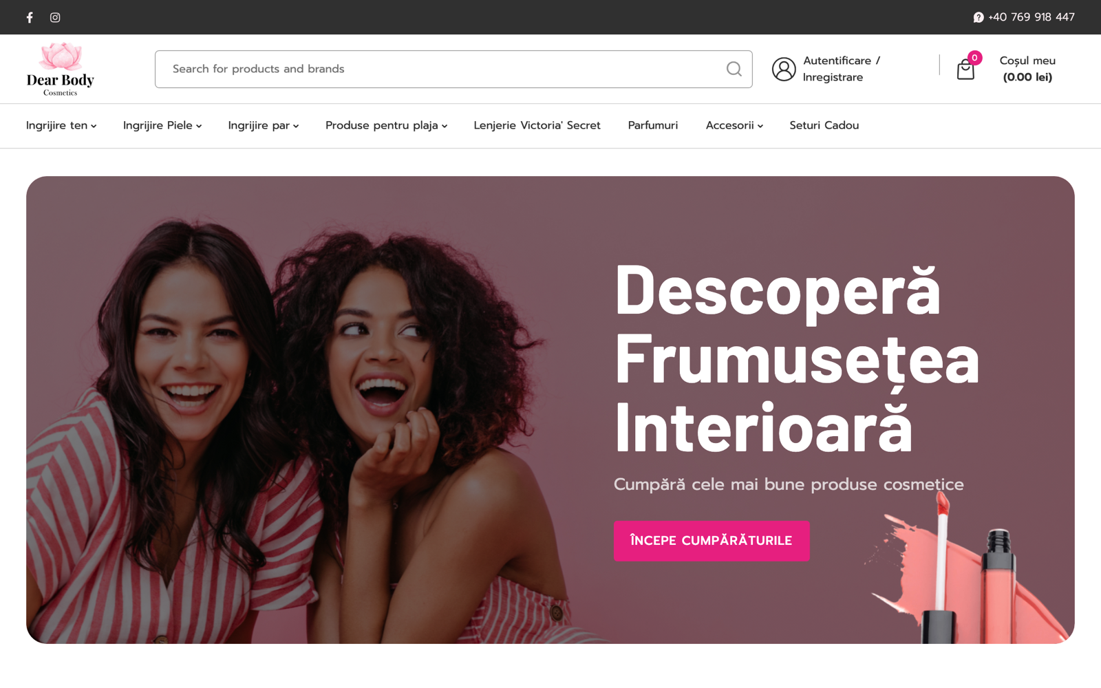 Dear Body Cosmetics, pagina principală cu hero brand și navigare pe categorii