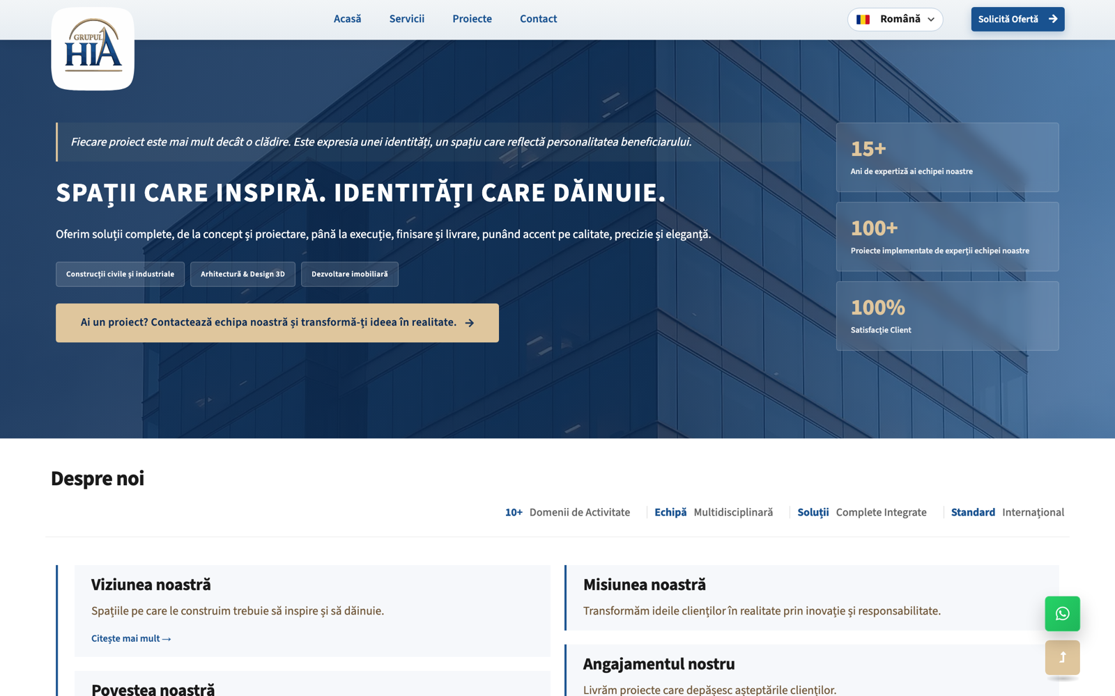 Grupul HIA, pagina principală cu indicatori de portofoliu și secțiune Despre noi