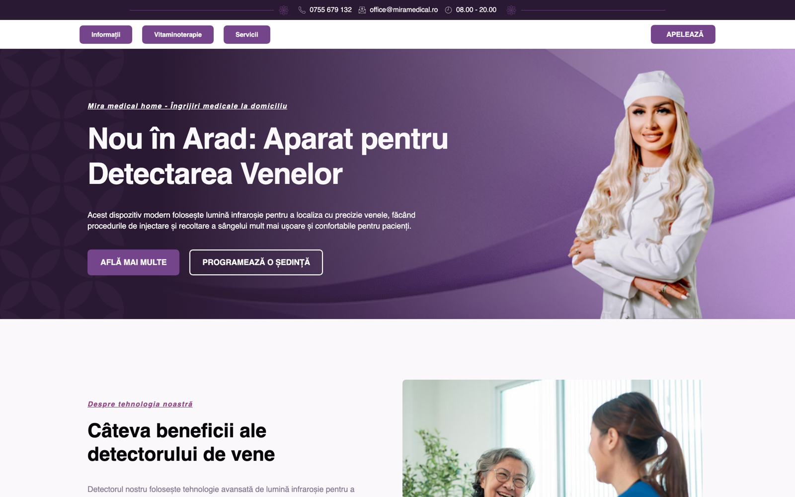 Mira Medical Home, pagina principală cu hero pentru aparatul de detectare a venelor