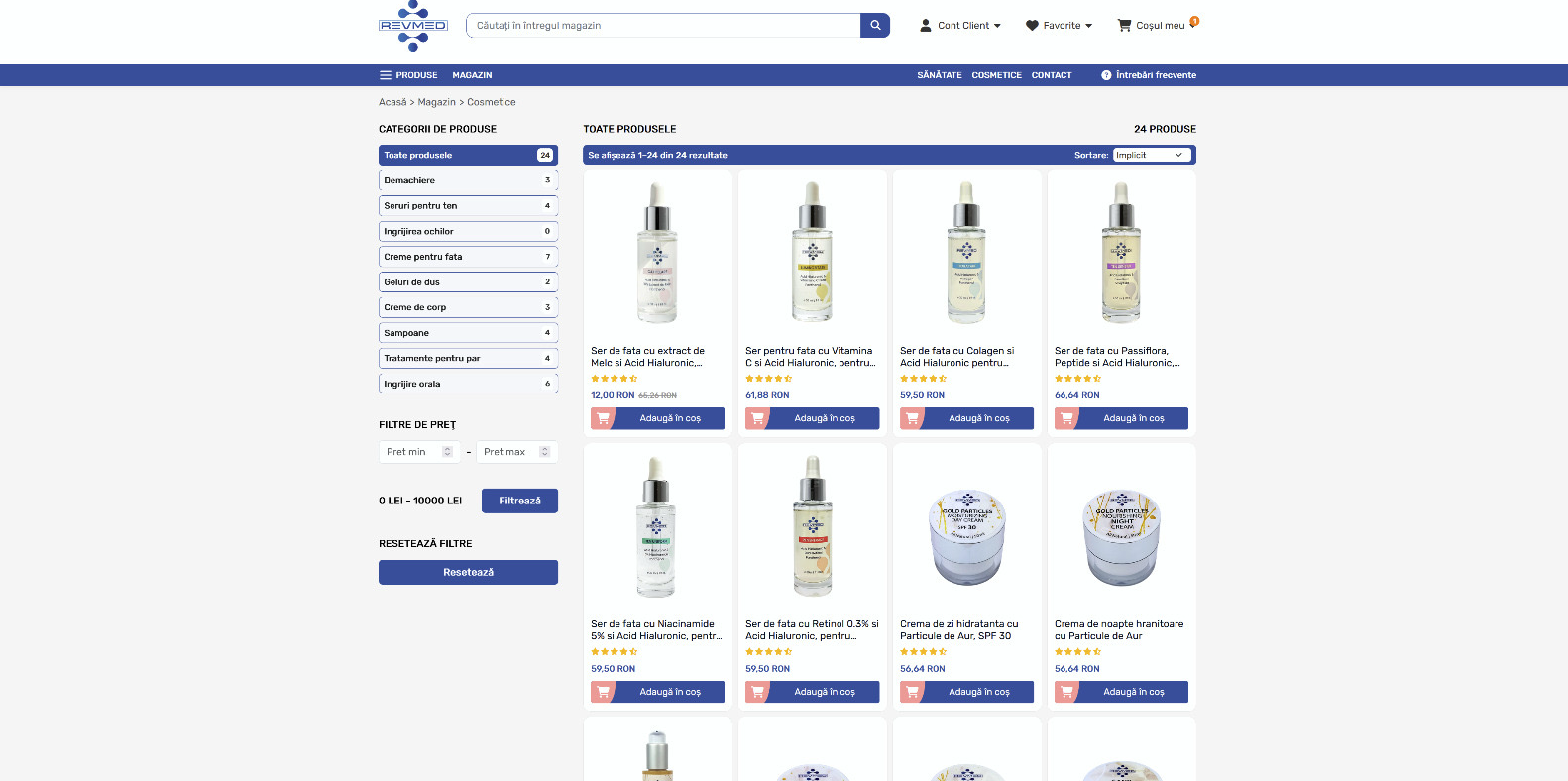 RevMed, catalogul de cosmetice cu seruri și creme proprii, categorii în coloana stângă, filtre de preț și sortare